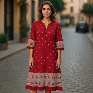 Garnet Hill Dress Women's Size 12 100% Linen Embroidered‎ Tassel 3/4 Sleeves